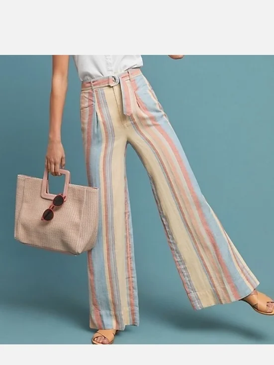 NWT Anthropologie Beachy Wide-Leg Pants w Belt Size 4 Yellow Blue Linen Pockets - Picture 2 of 16